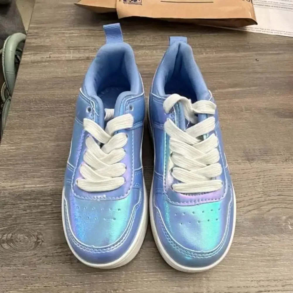 Toddler Girls Blue Iridescent Metallic Lace-Up Sneakers Size 12